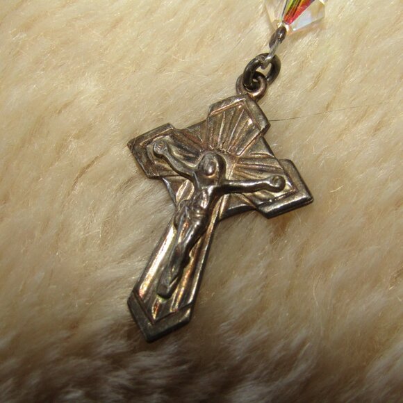 Vintage sterling silver and aurora borealis glass crystal rosary - Picture 3 of 9